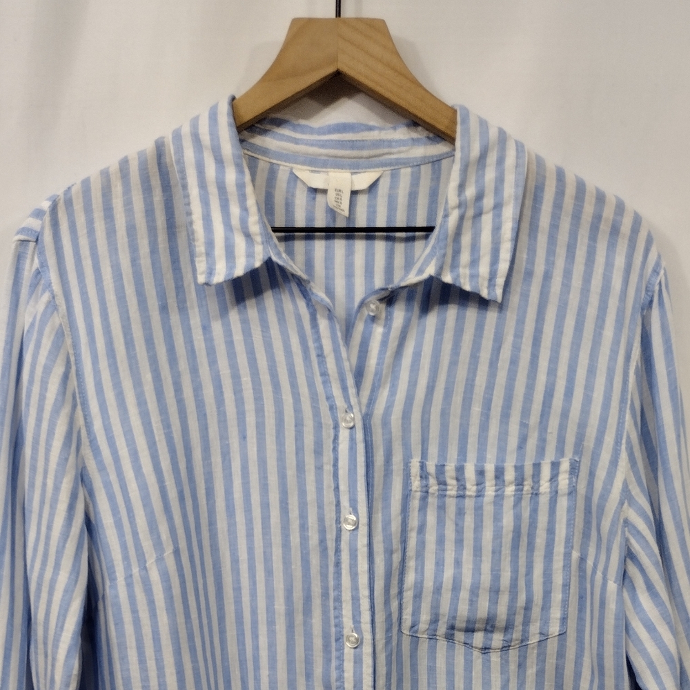 H&M 100% Linen Stripped Button Shirt Women's L Blue White Office Casual Retro - Picture 2 of 9